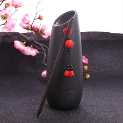 Vintage Red Flower Beaded Wooden Hairpin Women's Hair Fork Accessories