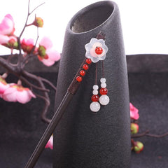 Vintage Red Flower Beaded Wooden Hairpin Women's Hair Fork Accessories