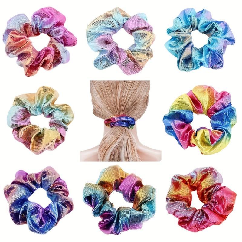 8pcs Y2K Laser Scrunchies Gradient Hair Rope Holographic Hair Ring
