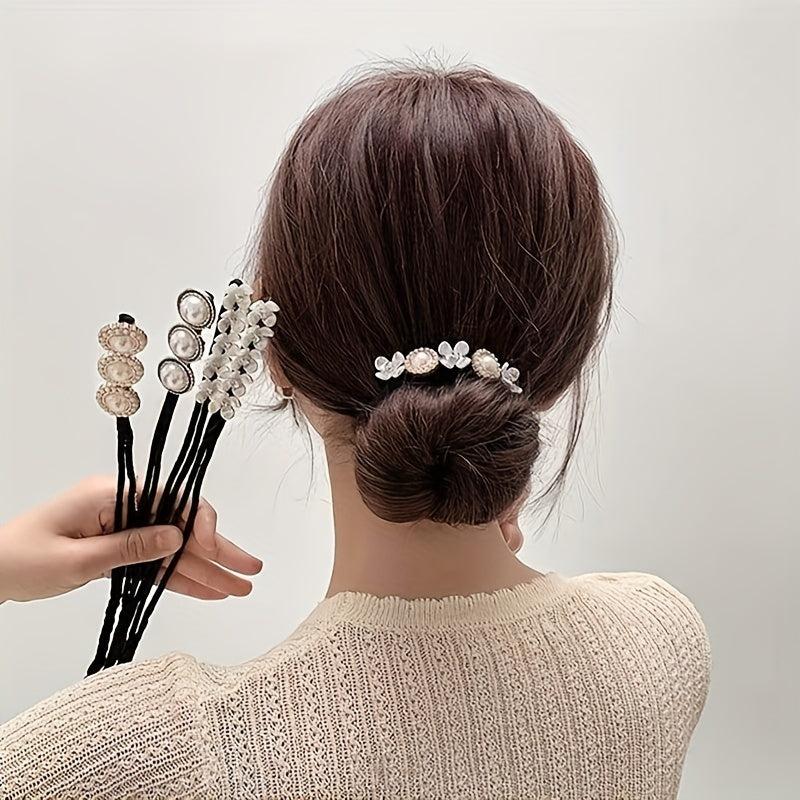 Rhinestone Hair Bun Maker with Pearl and Flower Hair Styling Tool