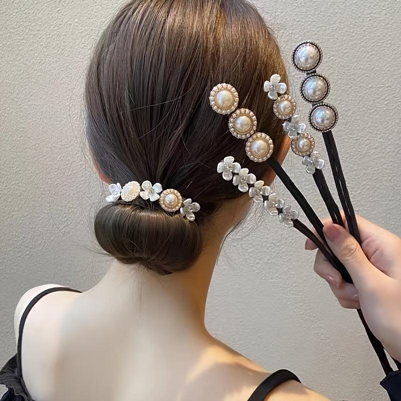 Rhinestone Hair Bun Maker with Pearl and Flower Hair Styling Tool