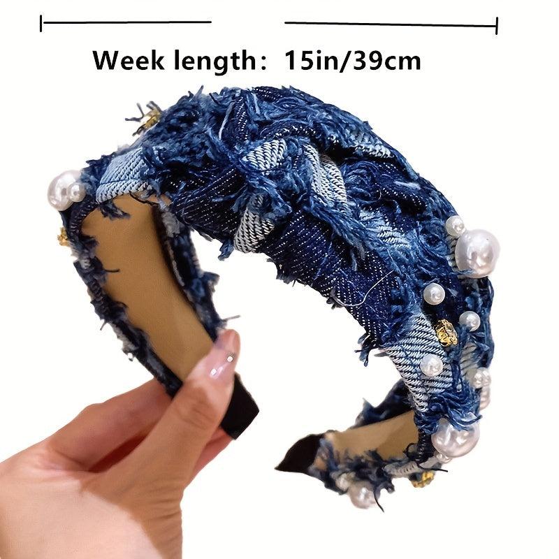 Denim Headband Cross Knotted Head Hoop Wide Headdress Faux Pearl Decor Hair Band