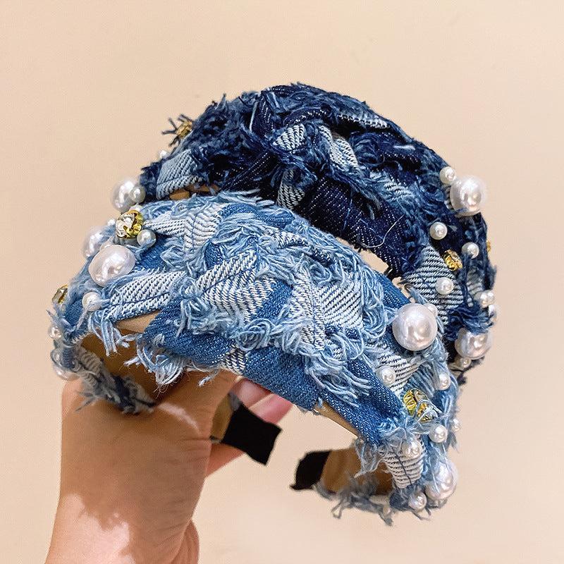 Denim Headband Cross Knotted Head Hoop Wide Headdress Faux Pearl Decor Hair Band
