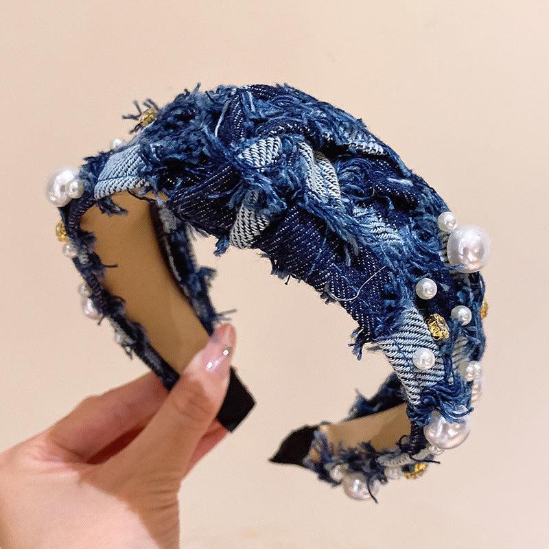 Denim Headband Cross Knotted Head Hoop Wide Headdress Faux Pearl Decor Hair Band