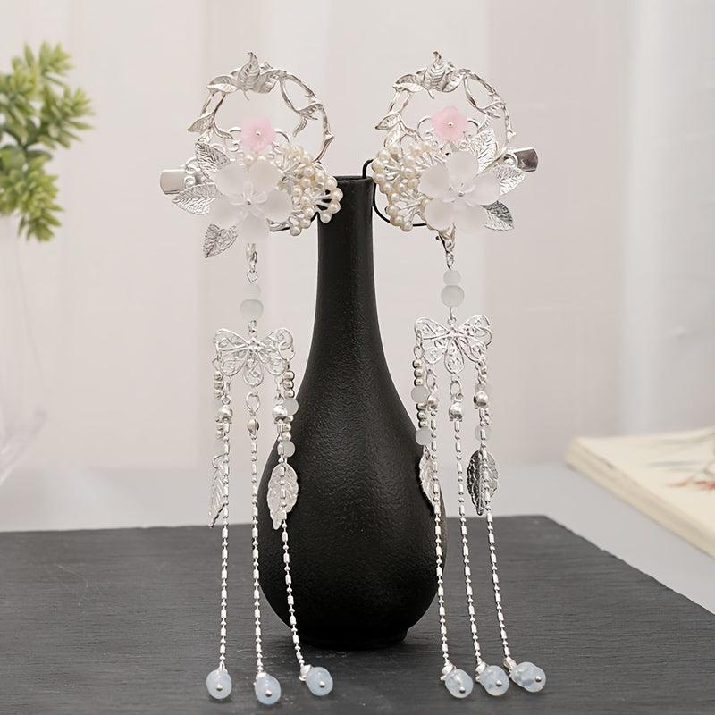 Flower Leaf Pearls Hairpins Tassel Hanfu Dress Hairclip