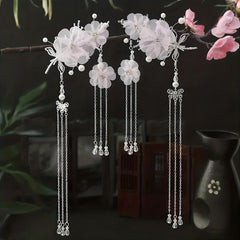 Flower & Tassel Decor Hair Clip Rhinestone Earrings Set