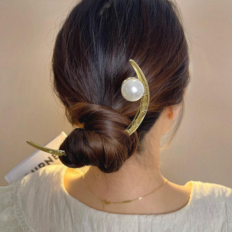 Moon Shape Alloy Hairpin Faux Pearl Head Jewelry