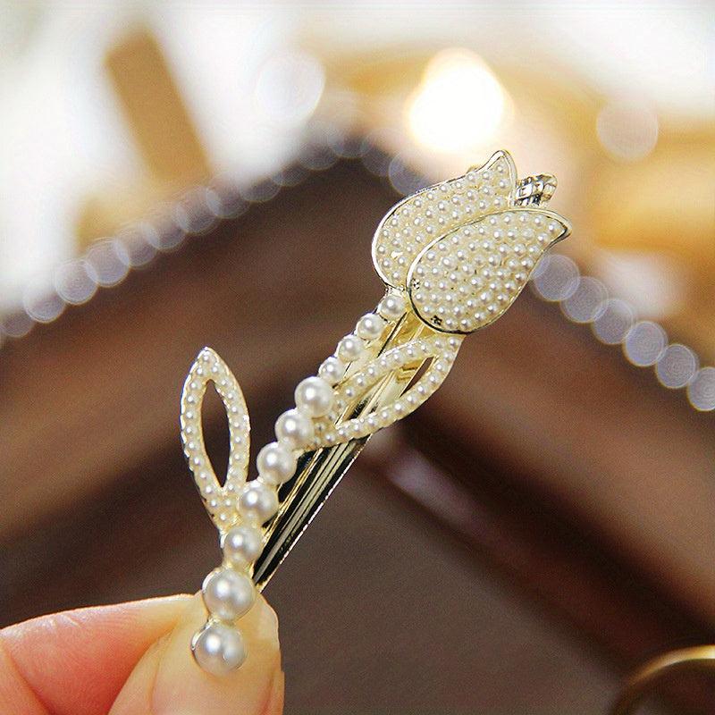 Vintage Faux Pearl Rhinestone Hair Clip Golden Barrette