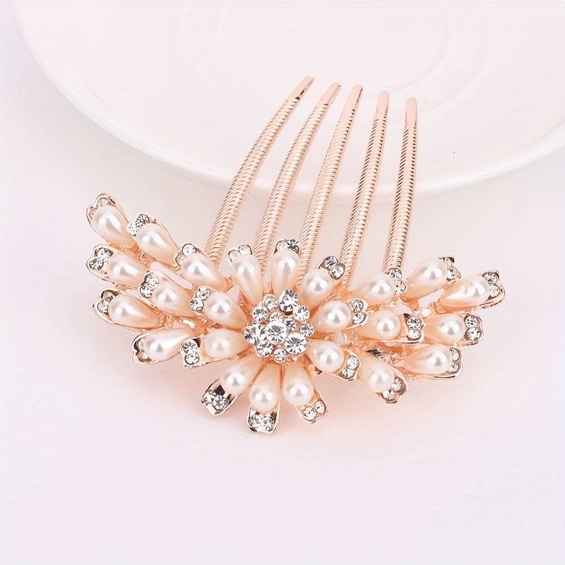 Faux Pearl Flower Hair Comb Rhinestone Hair Comb Head Jewelry