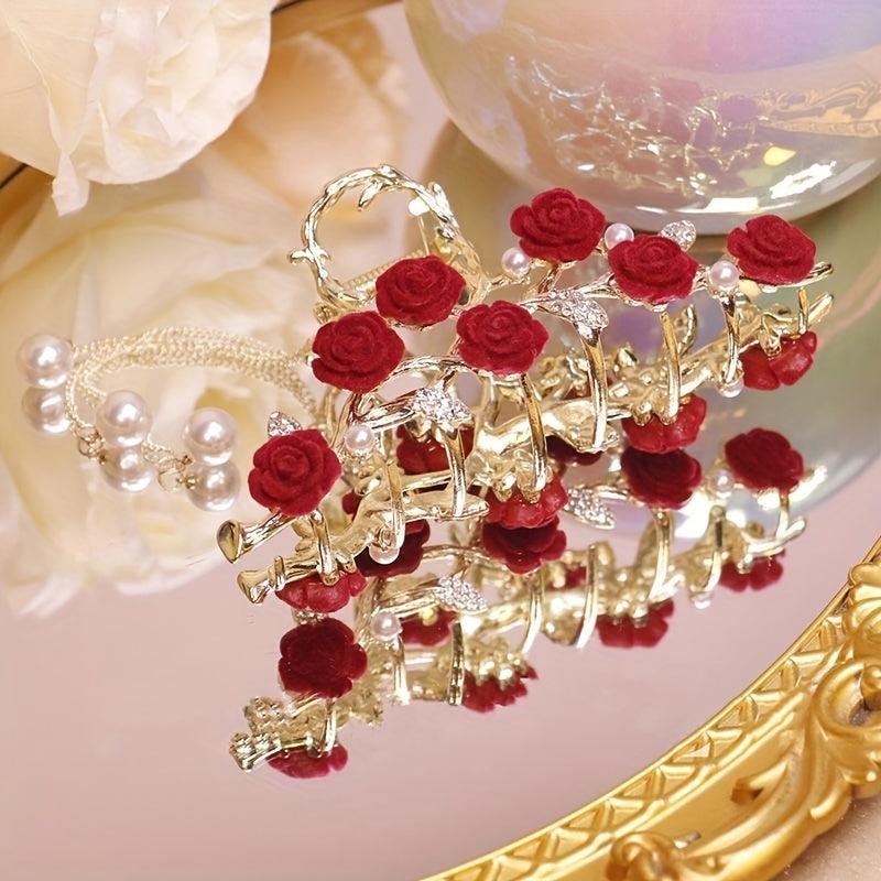 Alloy Flower Hair Claw with Faux Pearl Tassel Clip
