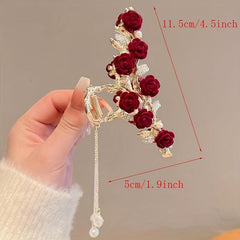 Alloy Flower Hair Claw with Faux Pearl Tassel Clip