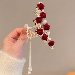 Alloy Flower Hair Claw with Faux Pearl Tassel Clip