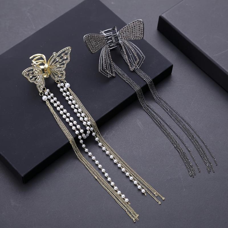 Butterfly Tassel Hair Claw Clips Faux Pearl Rhinestone Metal