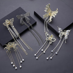 Butterfly Tassel Hair Claw Clips Faux Pearl Rhinestone Metal