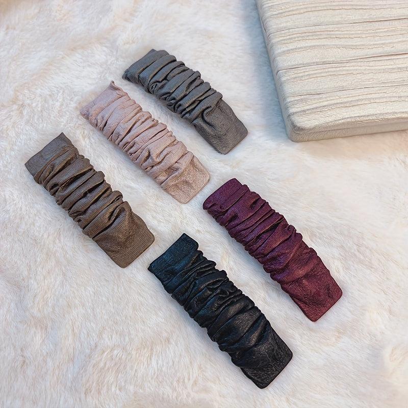 5pcs Pleated PU Leather Snap Clip Style Hair Clip Hairpin Women Girls