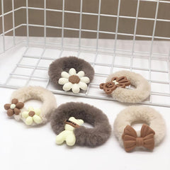 5pcs Bear Plush Hair Tie Cartoon Scrunchies Women Girls Curly Hair