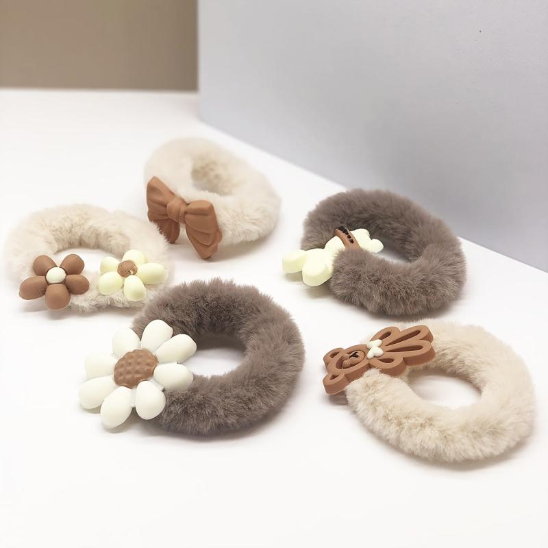 5pcs Bear Plush Hair Tie Cartoon Scrunchies Women Girls Curly Hair