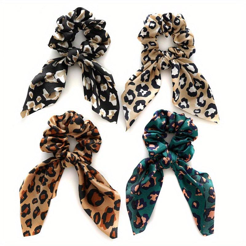 4pcs Leopard Print Bow Scrunchies Soft Satin Hair Rope Elastic