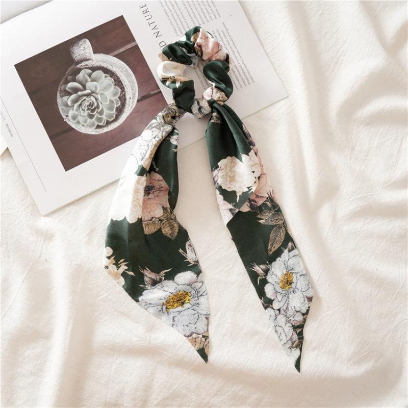 Vintage Floral Print Scarf Scrunchies Hair Tie Silky Hair Rope Ponytail Holder
