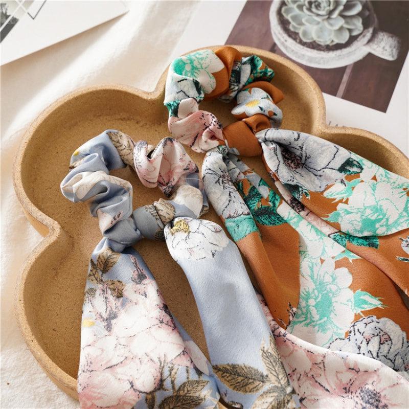 Vintage Floral Print Scarf Scrunchies Hair Tie Silky Hair Rope Ponytail Holder