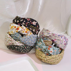 Pastoral Floral Print Headband Cross Knotted Head Hoop Wide Headdress