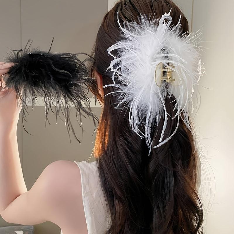 Vintage Plush Feather Hair Claw Clip Strong Hold Grip Hair Jaw Clip