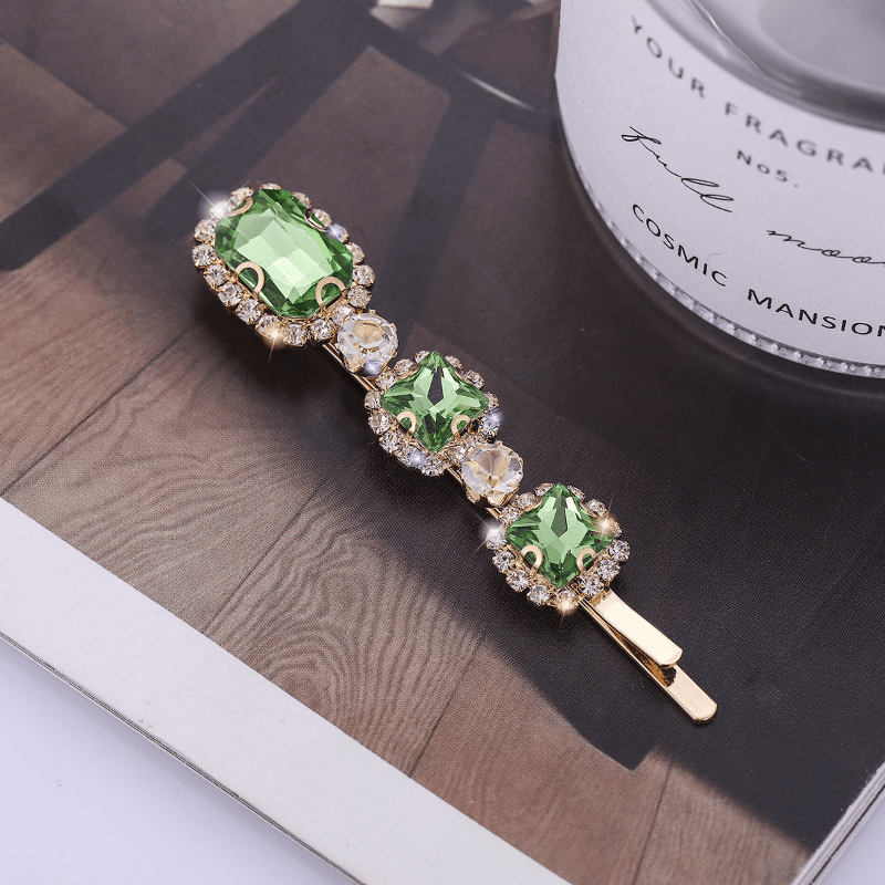 Retro Green Zircon Hair Clip Rhinestone Bobby Pin Non-slip Bangs Clip