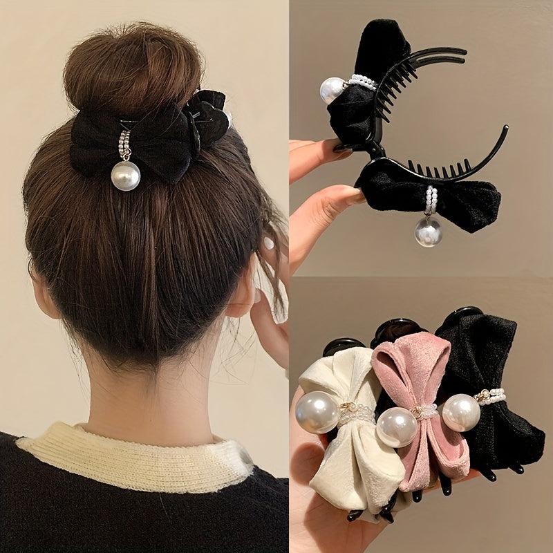 Duck Billed Bow Hair Clip Pearl Ponytail Holder Claw Women Girls Clip