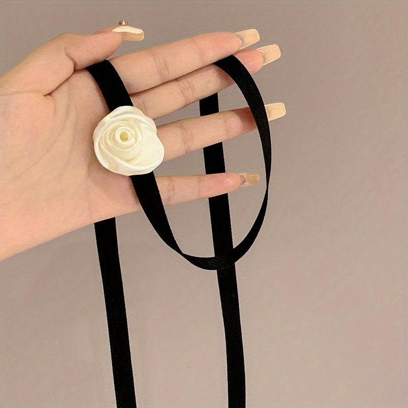 Vintage Rose Flower Choker Necklace Hair Rope Tie For Women