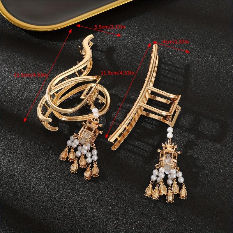 Luminous Lantern FauxPearl Tassel Hair Claw Clip Metal Golden Retro