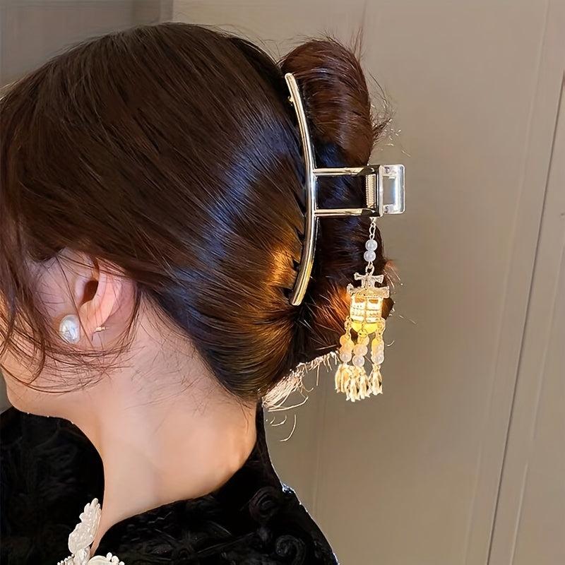 Luminous Lantern FauxPearl Tassel Hair Claw Clip Metal Golden Retro