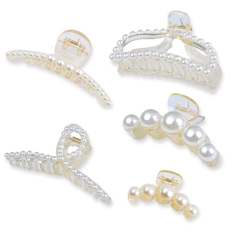 5pcs Faux Pearl Hair Claw Nonslip Hair Claw For Thick Long Hair Women Girls