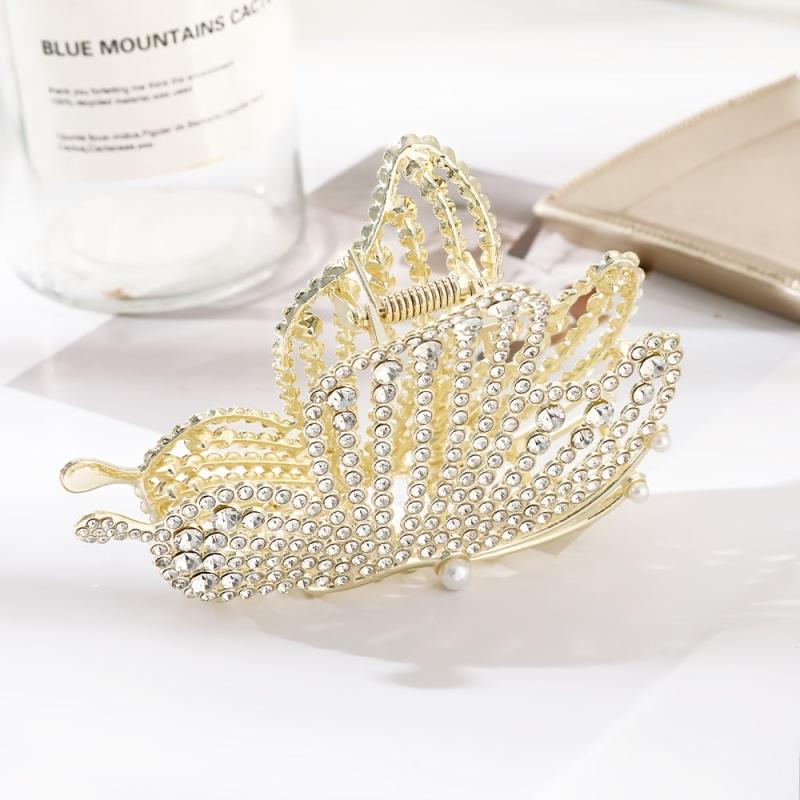 Butterfly Hair Claw Clip Rhinestone Faux Pearl Non Slip Grip