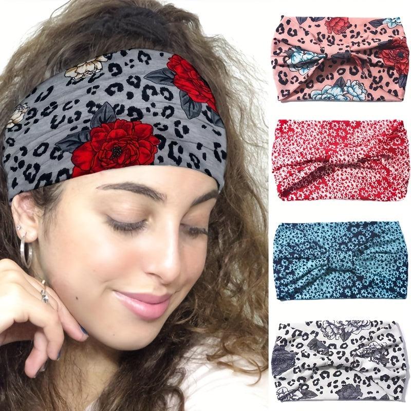 Bohemian Rose Print Boho Headband Wide Sweatbands Hair Accessories For Women