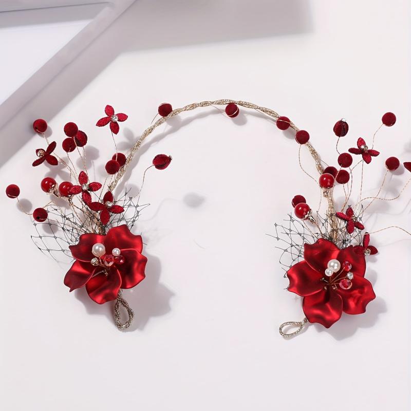 Chinese Style Bridal Headdress Red Metal Flower Beaded Hair Accessories