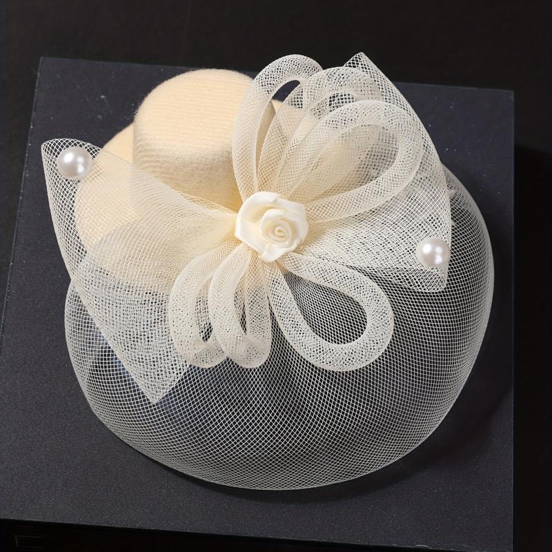 Lace Hat Duck Billed Clip Faux Pearl Flower Decor Hat Party Prom Wedding