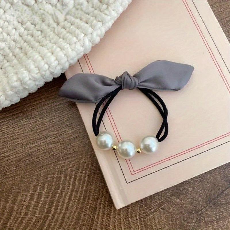 Faux Pearl Bow Hair Tie Women's High Elasticity Bow Ponytail Hair Rope Headwear