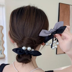 Faux Pearl Bow Hair Tie Women's High Elasticity Bow Ponytail Hair Rope Headwear