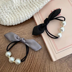 Faux Pearl Bow Hair Tie Women's High Elasticity Bow Ponytail Hair Rope Headwear