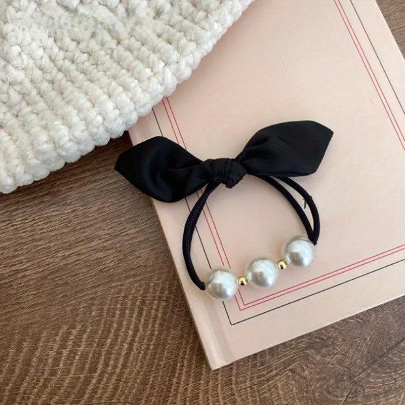Faux Pearl Bow Hair Tie Women's High Elasticity Bow Ponytail Hair Rope Headwear