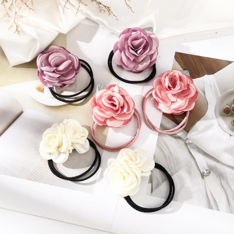 Colorful Rose Flower Hair Bow Wreath Garland Elastic Hair Ties