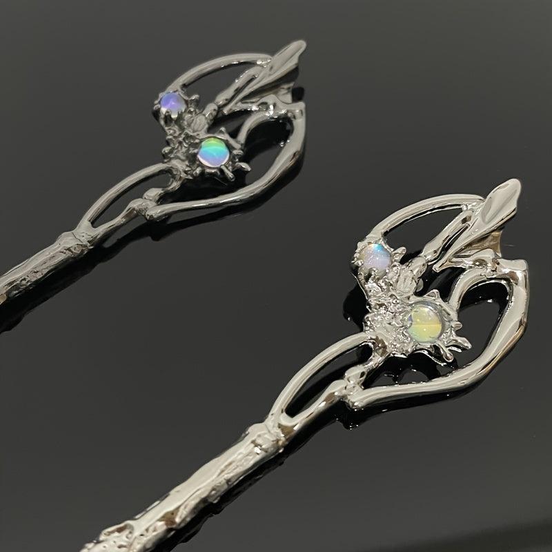 2pcs Vintage Alloy Moonstone Hairpin, Chinese Style Chignon Hair Accessories