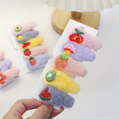 5Pcs Kids Plush Fruit Flower Hair Clip Cartoon Rabbit Children's Bangs Clip