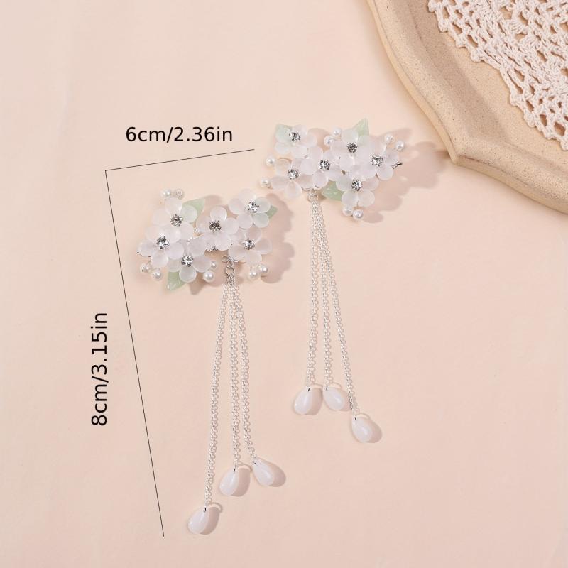 Crystal Flower Hair Clip Chain Tassel Rhinestone Faux Pearl Hair Clip