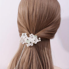 Crystal Flower Hair Clip Chain Tassel Rhinestone Faux Pearl Hair Clip