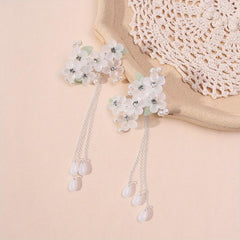 Crystal Flower Hair Clip Chain Tassel Rhinestone Faux Pearl Hair Clip