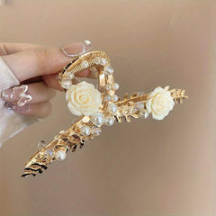 Large Rose Faux Pearl Hair Claw Back Head Shark Claw Flower Hair Accessories