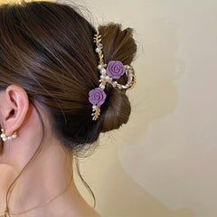 Large Rose Faux Pearl Hair Claw Back Head Shark Claw Flower Hair Accessories