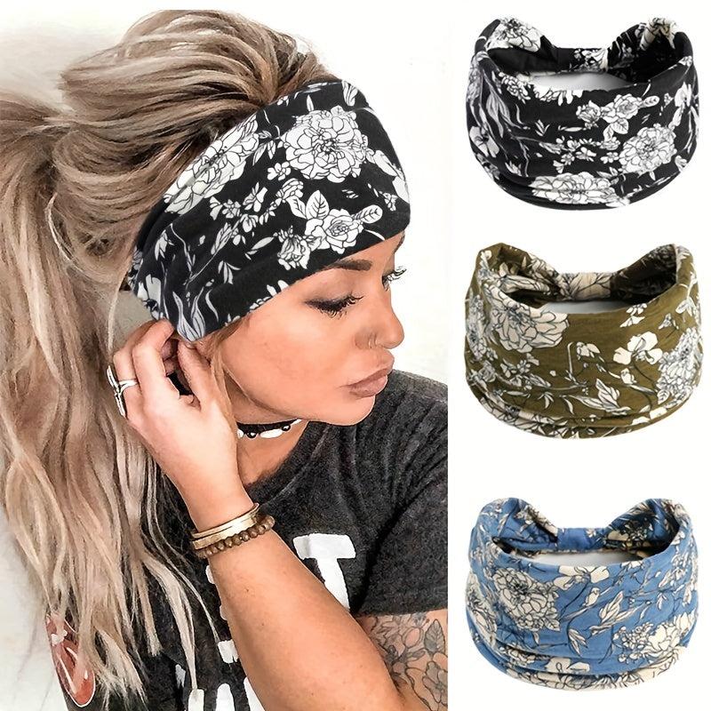 3pcs Retro Yoga Headband Flower Pattern Non slip Sweatband