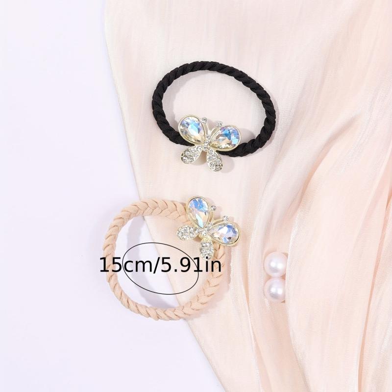 2pcs Crystal Butterfly Hair Tie Rhinestone Hair Rope Elastic Ponytail Holder